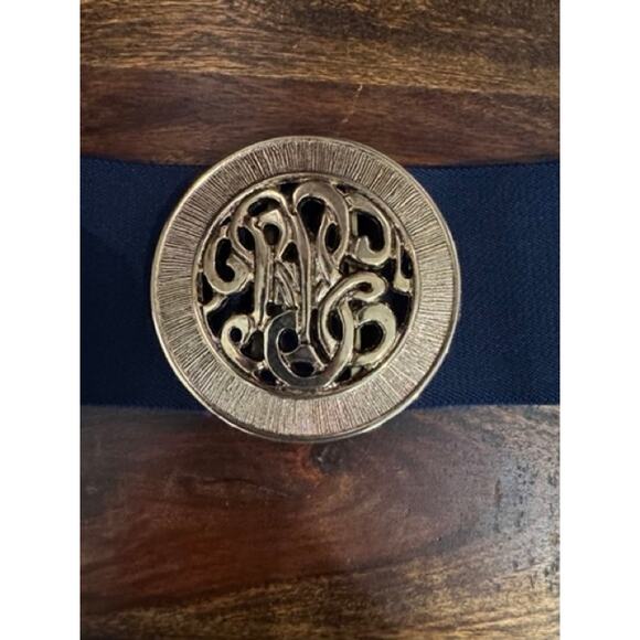 Vintage Gold Tone Monogram Navy Blue Elastic Belt Designer Style - Picture 1 of 5